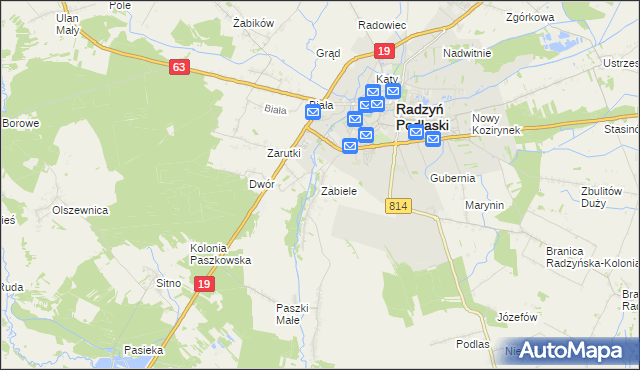 mapa Zabiele gmina Radzyń Podlaski, Zabiele gmina Radzyń Podlaski na mapie Targeo