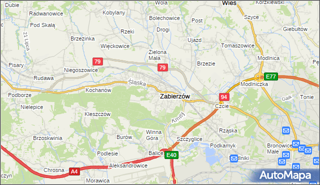 mapa Zabierzów powiat krakowski, Zabierzów powiat krakowski na mapie Targeo