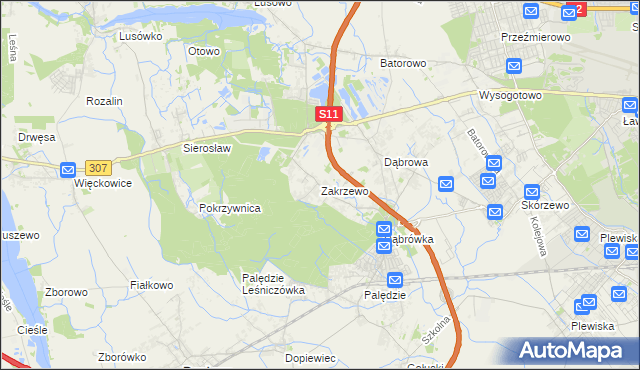 mapa Zakrzewo gmina Dopiewo, Zakrzewo gmina Dopiewo na mapie Targeo