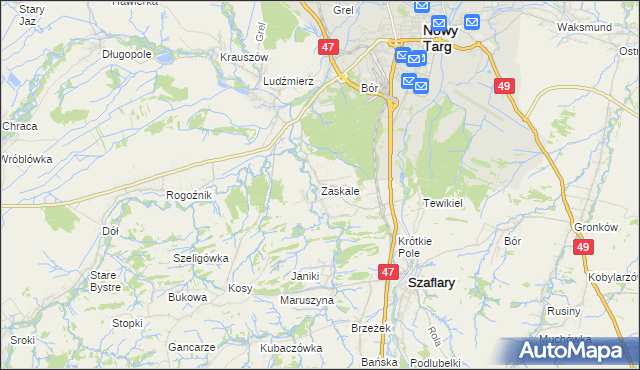 mapa Zaskale gmina Szaflary, Zaskale gmina Szaflary na mapie Targeo