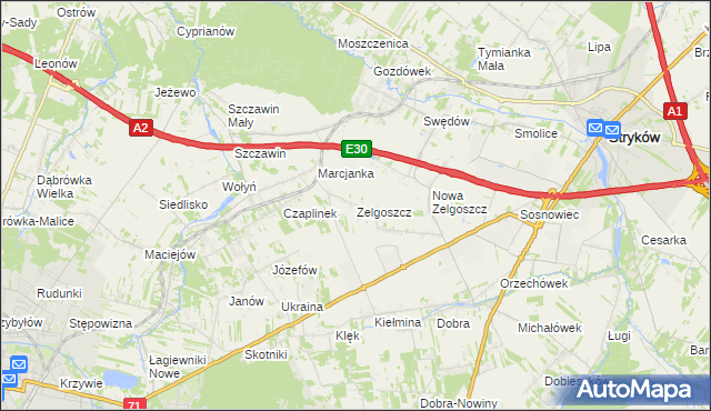 mapa Zelgoszcz gmina Stryków, Zelgoszcz gmina Stryków na mapie Targeo