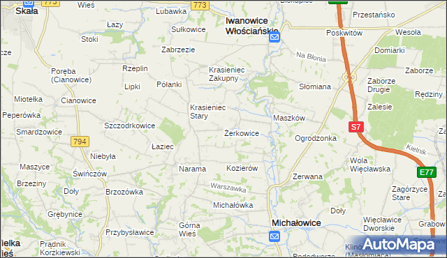 mapa Żerkowice gmina Iwanowice, Żerkowice gmina Iwanowice na mapie Targeo