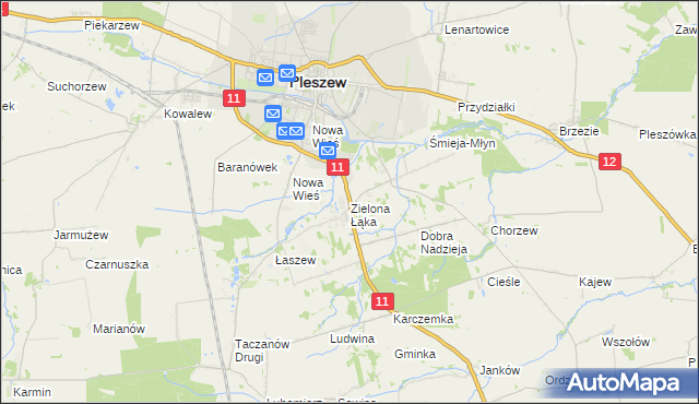 mapa Zielona Łąka gmina Pleszew, Zielona Łąka gmina Pleszew na mapie Targeo