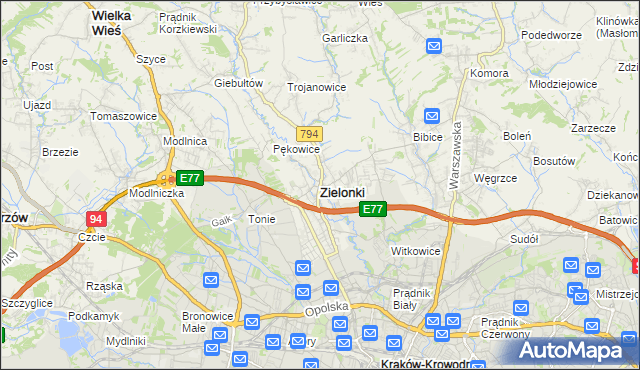 mapa Zielonki powiat krakowski, Zielonki powiat krakowski na mapie Targeo