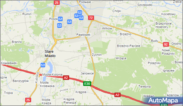 mapa Żychlin gmina Stare Miasto, Żychlin gmina Stare Miasto na mapie Targeo