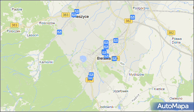 mapa Bielawa powiat dzierżoniowski, Bielawa powiat dzierżoniowski na mapie Targeo