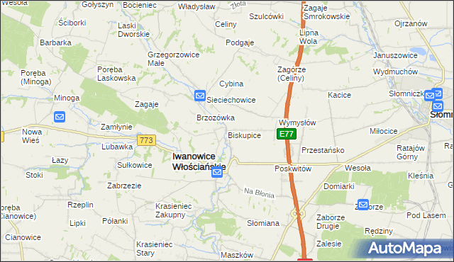 mapa Biskupice gmina Iwanowice, Biskupice gmina Iwanowice na mapie Targeo