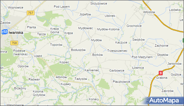 mapa Borków gmina Iwaniska, Borków gmina Iwaniska na mapie Targeo