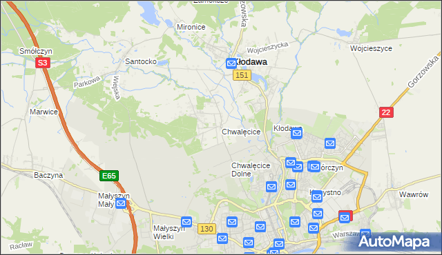mapa Chwalęcice gmina Kłodawa, Chwalęcice gmina Kłodawa na mapie Targeo