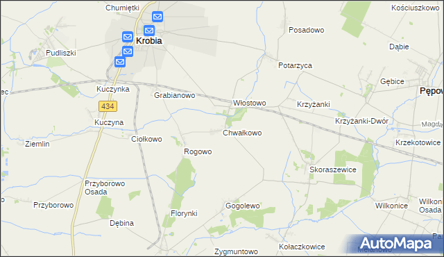 mapa Chwałkowo gmina Krobia, Chwałkowo gmina Krobia na mapie Targeo