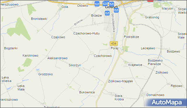mapa Czachorowo gmina Gostyń, Czachorowo gmina Gostyń na mapie Targeo