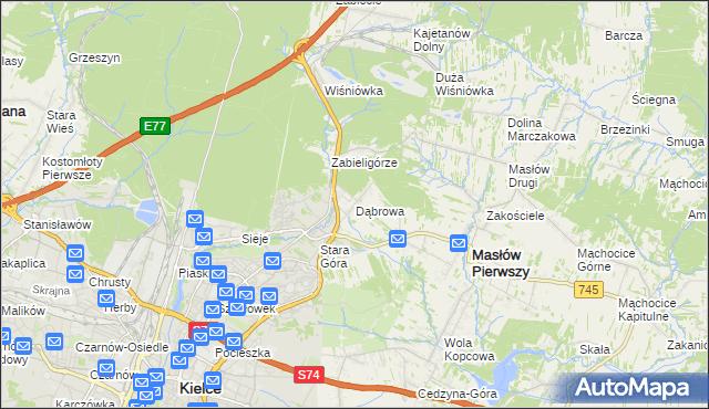 mapa Dąbrowa gmina Masłów, Dąbrowa gmina Masłów na mapie Targeo