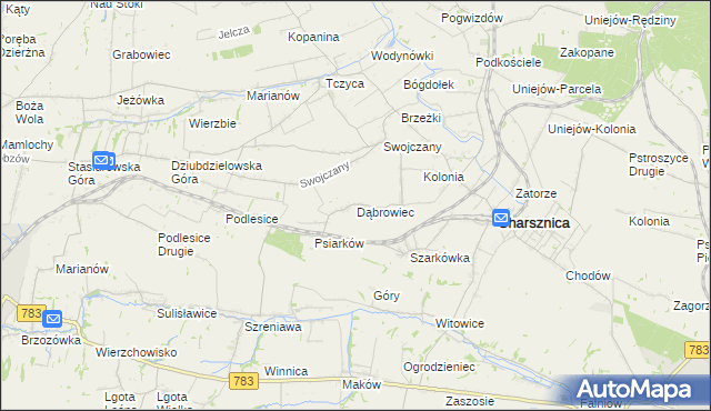 mapa Dąbrowiec gmina Charsznica, Dąbrowiec gmina Charsznica na mapie Targeo