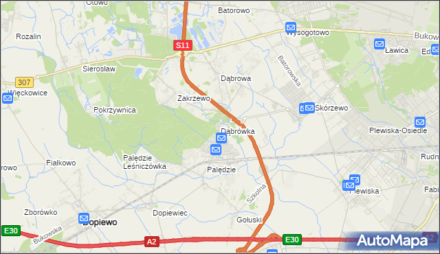 mapa Dąbrówka gmina Dopiewo, Dąbrówka gmina Dopiewo na mapie Targeo