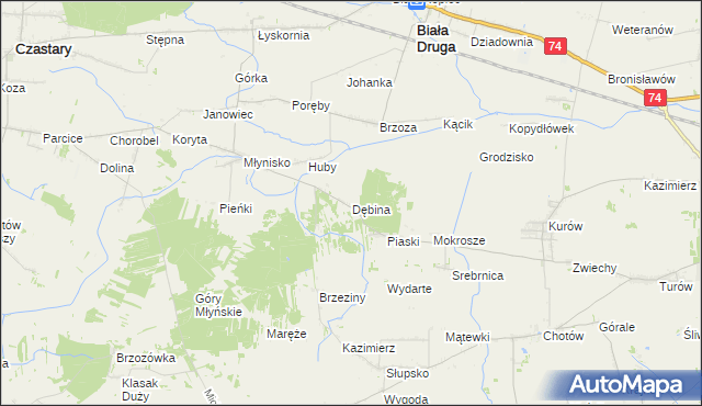 mapa Dębina gmina Biała, Dębina gmina Biała na mapie Targeo