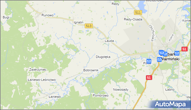 mapa Długołęka gmina Lidzbark Warmiński, Długołęka gmina Lidzbark Warmiński na mapie Targeo