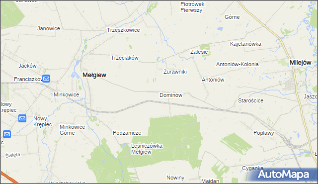 mapa Dominów gmina Mełgiew, Dominów gmina Mełgiew na mapie Targeo