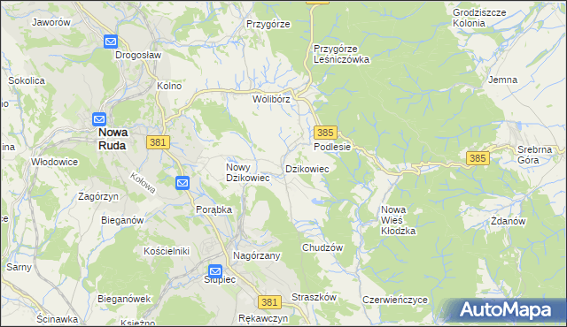 mapa Dzikowiec gmina Nowa Ruda, Dzikowiec gmina Nowa Ruda na mapie Targeo