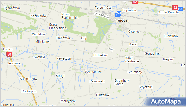 mapa Elżbietów gmina Teresin, Elżbietów gmina Teresin na mapie Targeo