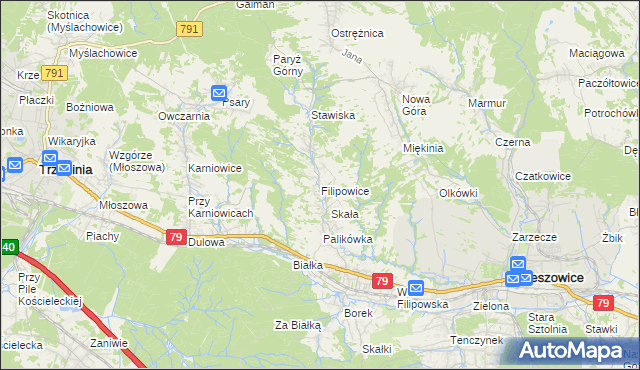mapa Filipowice gmina Krzeszowice, Filipowice gmina Krzeszowice na mapie Targeo