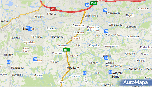 mapa Gaj gmina Mogilany, Gaj gmina Mogilany na mapie Targeo