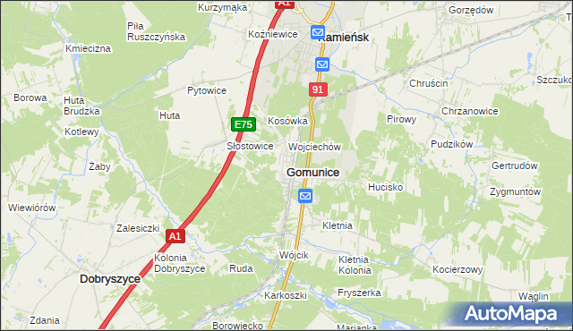 mapa Gomunice, Gomunice na mapie Targeo