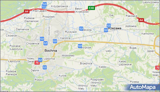 mapa Gorzków gmina Bochnia, Gorzków gmina Bochnia na mapie Targeo