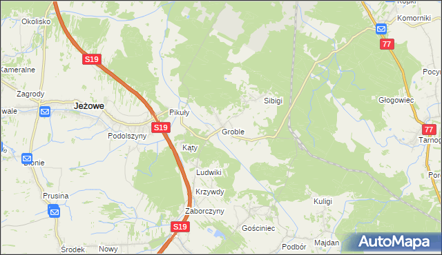 mapa Groble gmina Jeżowe, Groble gmina Jeżowe na mapie Targeo