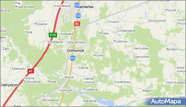 mapa Hucisko gmina Gomunice, Hucisko gmina Gomunice na mapie Targeo