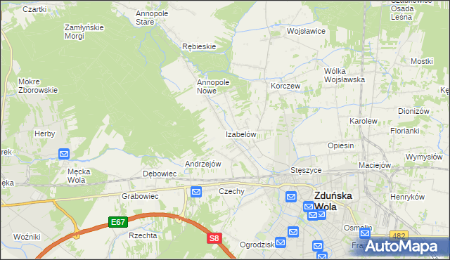 mapa Izabelów gmina Zduńska Wola, Izabelów gmina Zduńska Wola na mapie Targeo