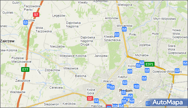 mapa Janiszew gmina Zakrzew, Janiszew gmina Zakrzew na mapie Targeo