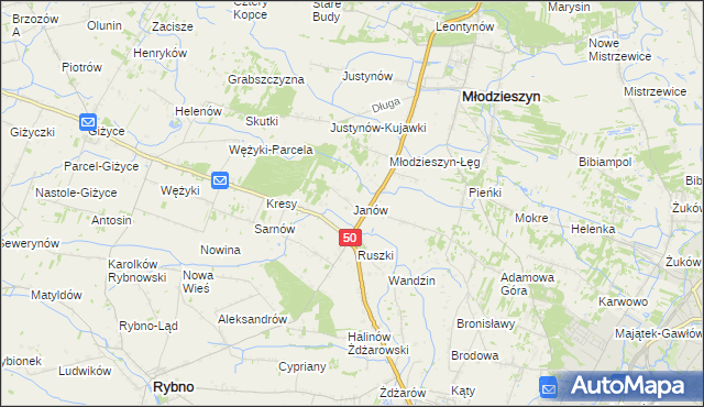 mapa Janów gmina Młodzieszyn, Janów gmina Młodzieszyn na mapie Targeo