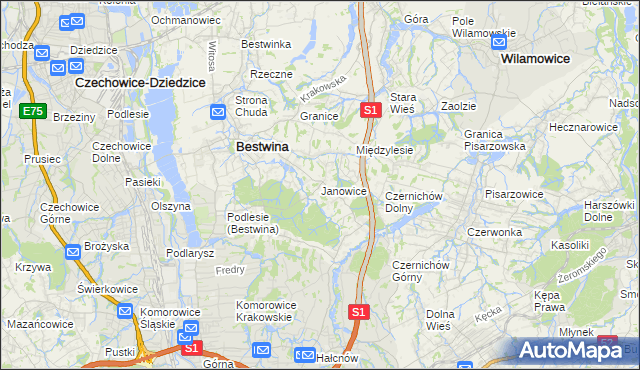 mapa Janowice gmina Bestwina, Janowice gmina Bestwina na mapie Targeo