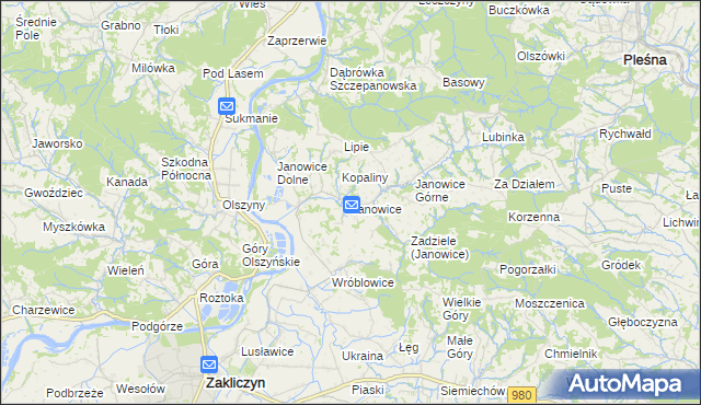 mapa Janowice gmina Pleśna, Janowice gmina Pleśna na mapie Targeo