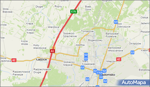 mapa Józefów gmina Ładzice, Józefów gmina Ładzice na mapie Targeo