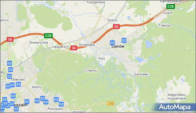 mapa Kłos gmina Sianów, Kłos gmina Sianów na mapie Targeo