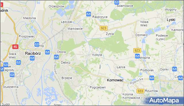 mapa Kobyla gmina Kornowac, Kobyla gmina Kornowac na mapie Targeo