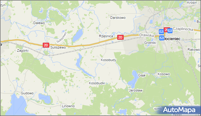 mapa Kosobudy gmina Złocieniec, Kosobudy gmina Złocieniec na mapie Targeo
