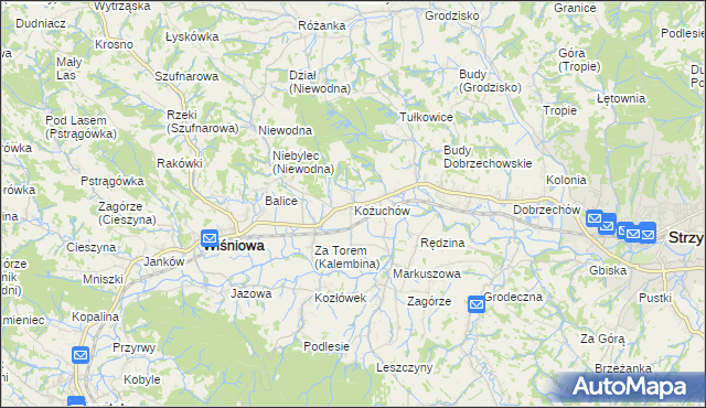 mapa Kożuchów gmina Wiśniowa, Kożuchów gmina Wiśniowa na mapie Targeo