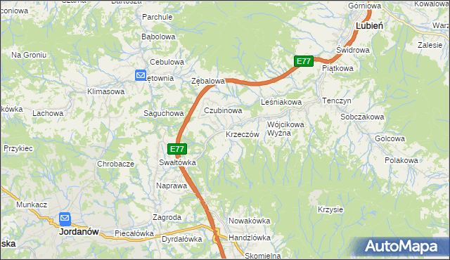 mapa Krzeczów gmina Lubień, Krzeczów gmina Lubień na mapie Targeo