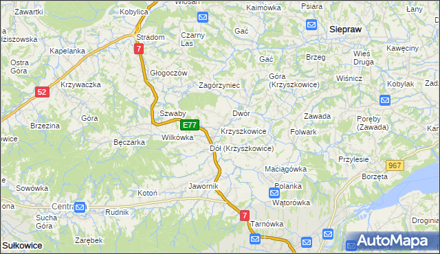 mapa Krzyszkowice gmina Myślenice, Krzyszkowice gmina Myślenice na mapie Targeo