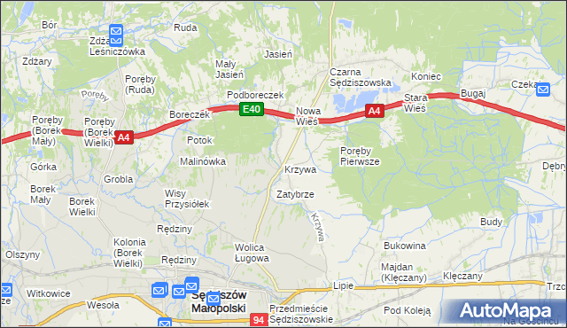 mapa Krzywa gmina Sędziszów Małopolski, Krzywa gmina Sędziszów Małopolski na mapie Targeo
