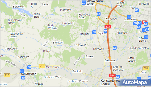 mapa Krzywiec gmina Aleksandrów Łódzki, Krzywiec gmina Aleksandrów Łódzki na mapie Targeo