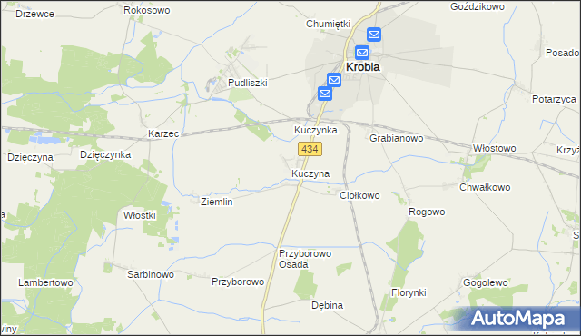 mapa Kuczyna gmina Krobia, Kuczyna gmina Krobia na mapie Targeo