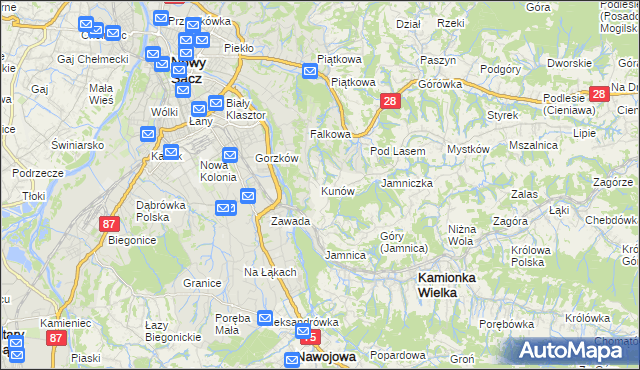 mapa Kunów gmina Chełmiec, Kunów gmina Chełmiec na mapie Targeo
