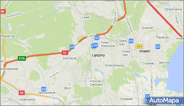 mapa Lędziny powiat bieruńsko-lędziński, Lędziny powiat bieruńsko-lędziński na mapie Targeo
