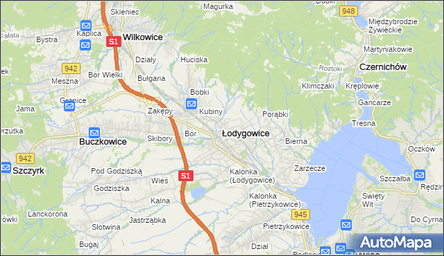 mapa Łodygowice powiat żywiecki, Łodygowice powiat żywiecki na mapie Targeo