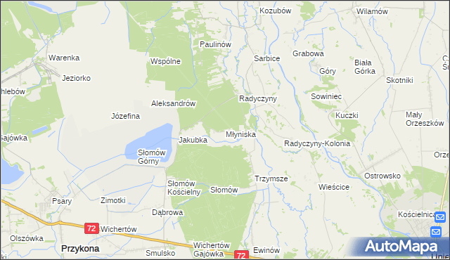 mapa Młyniska gmina Przykona, Młyniska gmina Przykona na mapie Targeo