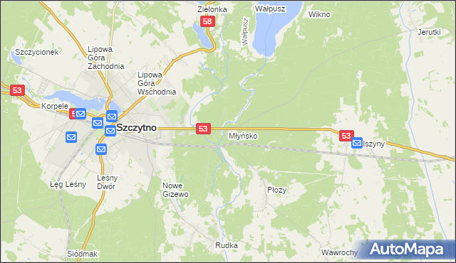 mapa Młyńsko gmina Szczytno, Młyńsko gmina Szczytno na mapie Targeo