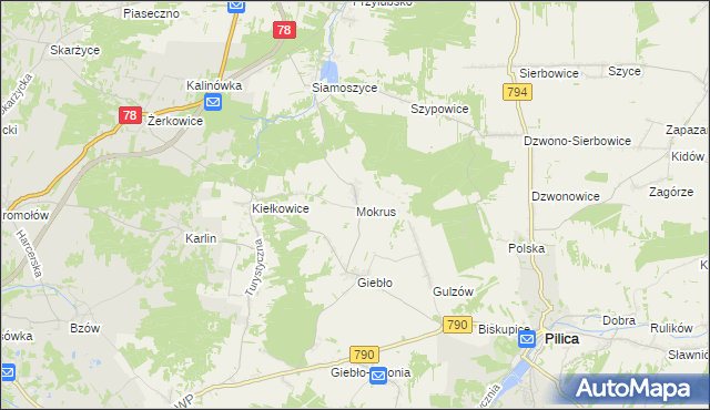 mapa Mokrus gmina Ogrodzieniec, Mokrus gmina Ogrodzieniec na mapie Targeo